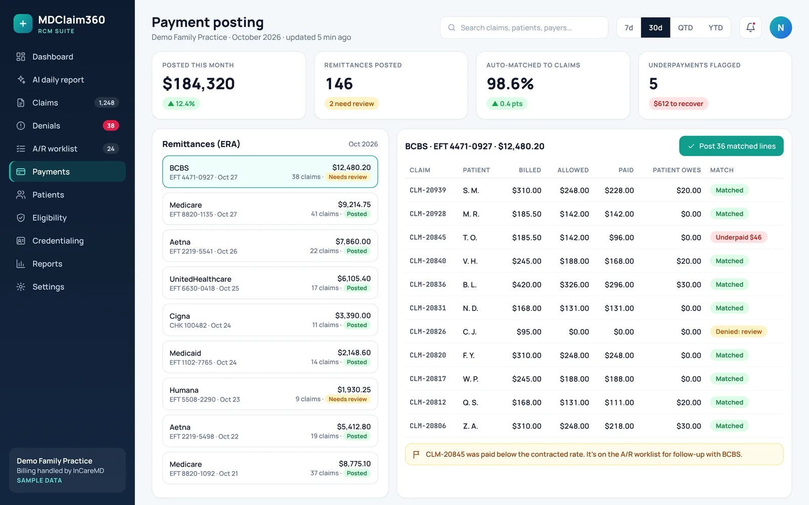 تسجيل المدفوعات: مطابقة الإشعارات مع المطالبات، مع تمييز المدفوعات الناقصة (بيانات تجريبية)