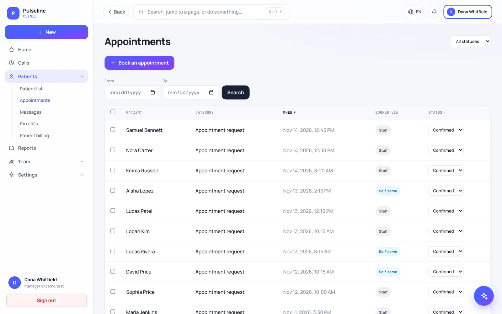 Appointments: Requests and confirmations in one list (sample data)