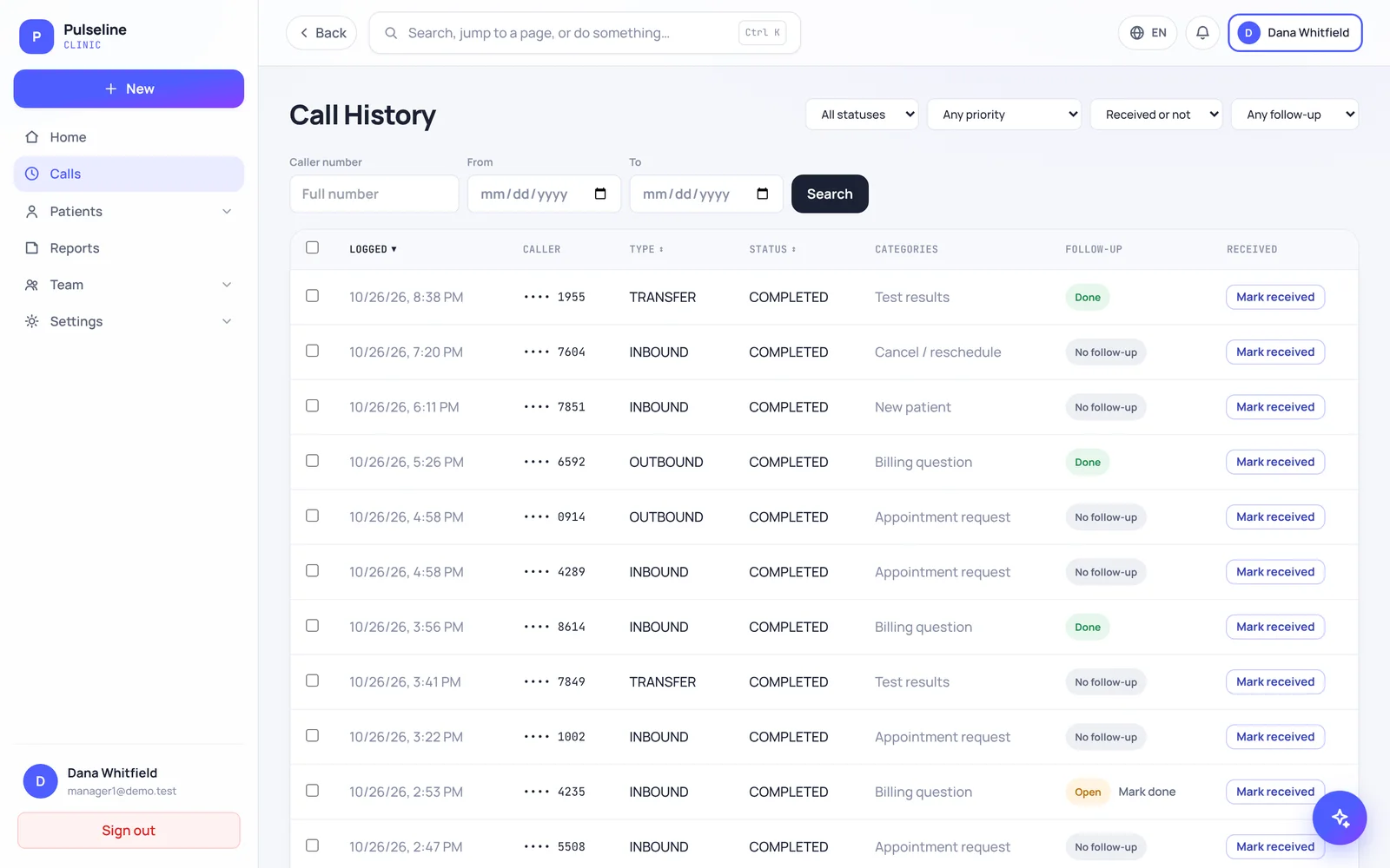 Call history: Every call with caller, reason, outcome and follow-up (sample data)