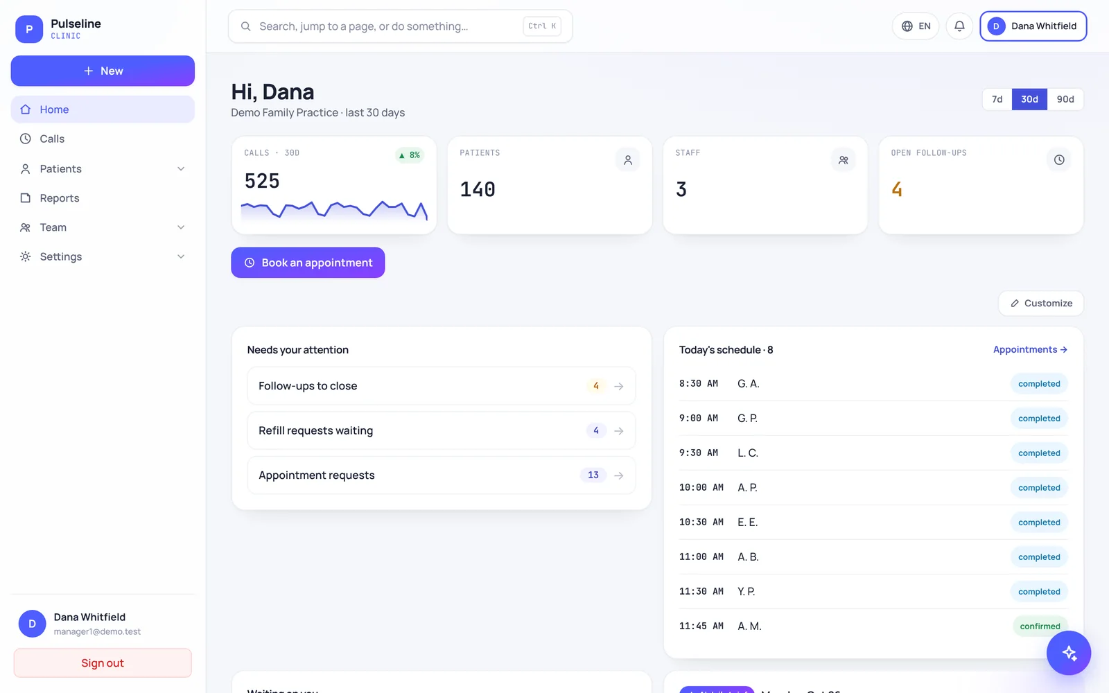 Pulseline dashboard with sample data