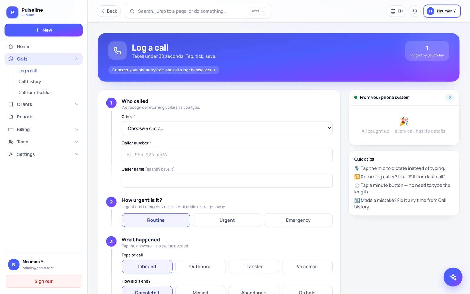 Log a call: Fast call form with voice dictation for our agents (sample data)