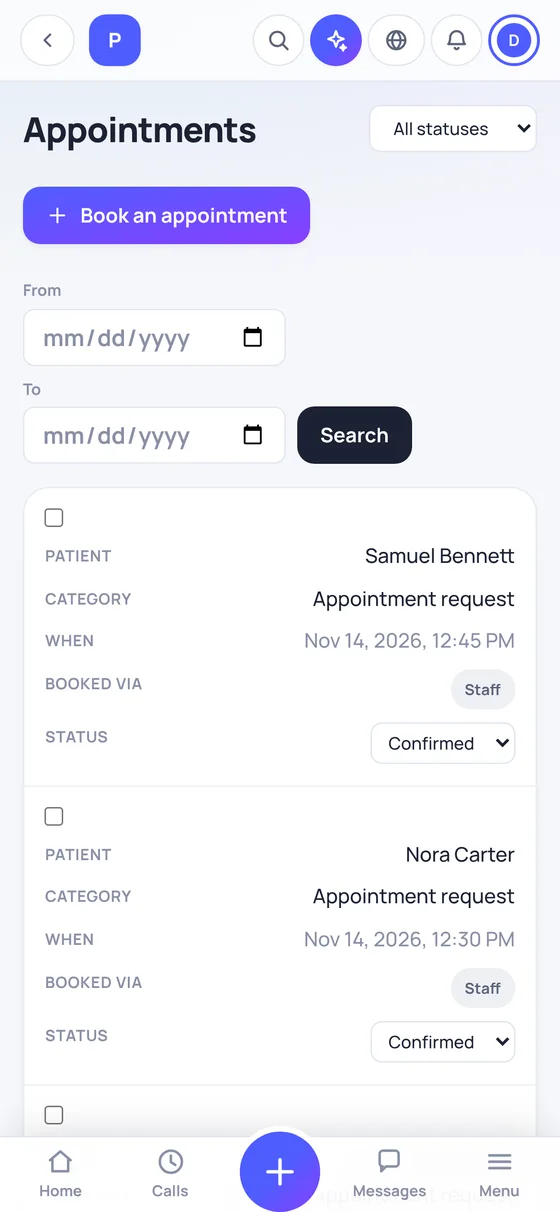 Pulseline appointments on a phone, sample data