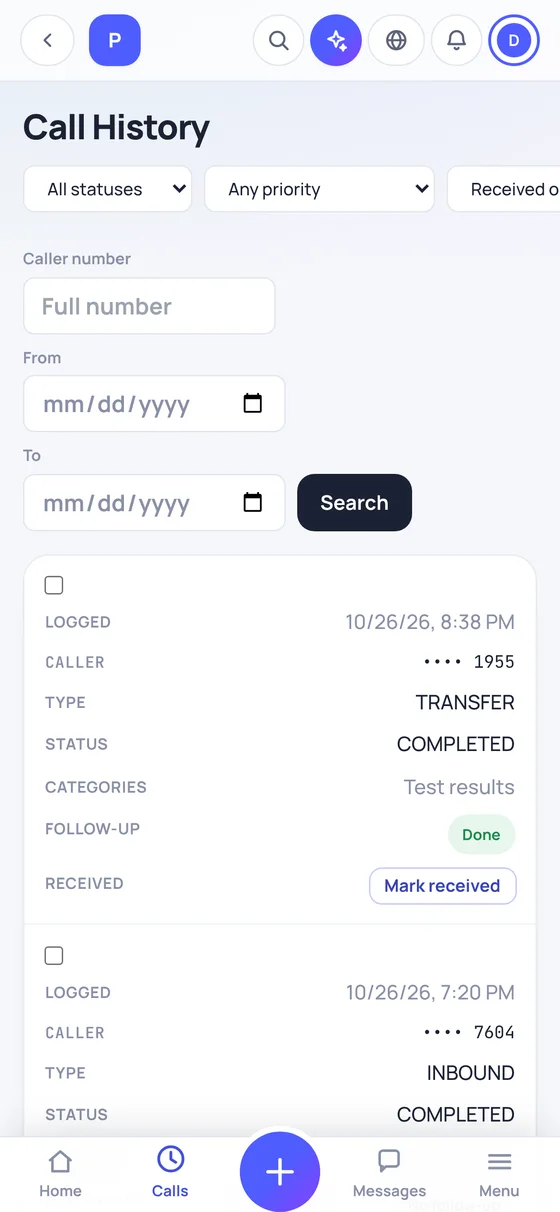 Pulseline call history on a phone, sample data