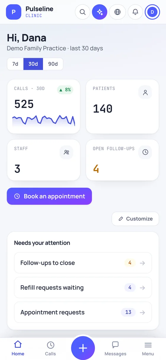 Pulseline dashboard on a phone, sample data