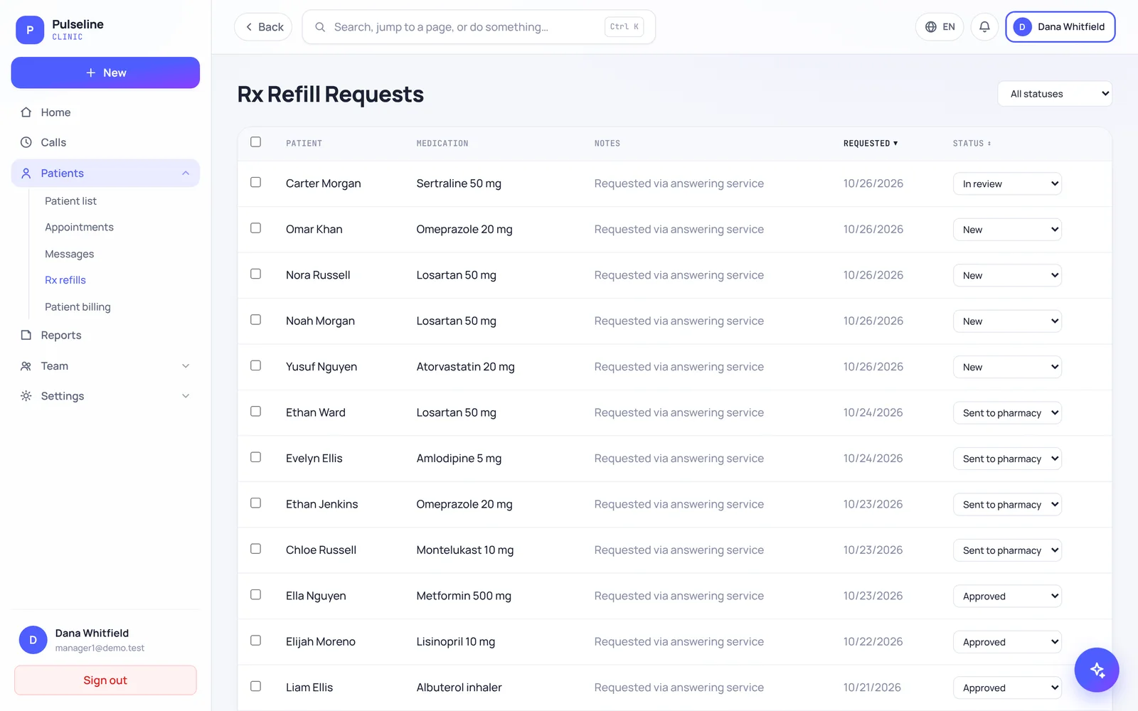 Refill requests: Routed to the right provider, tracked to done (sample data)